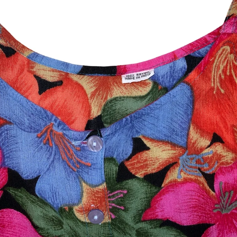 Vintage 90s Y2k Blue Orange Pink Green Floral Sleeveless Maxi Dress 12 14