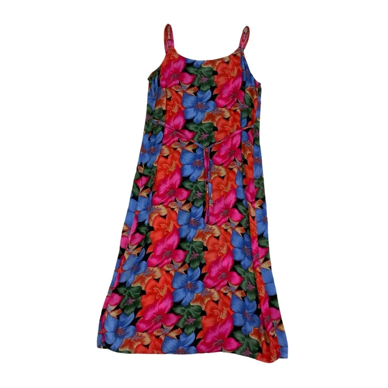 Vintage 90s Y2k Blue Orange Pink Green Floral Sleeveless Maxi Dress 12 14