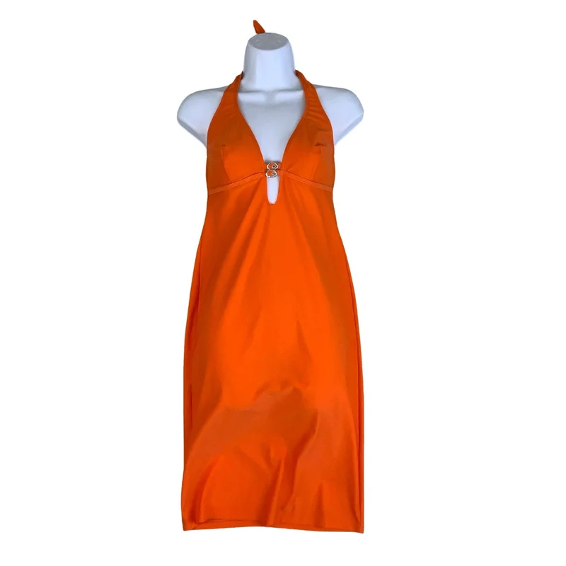 Vintage Y2k ‘l'auraBLU’ Orange Lycra Halter Neck Midi Dress 8 10