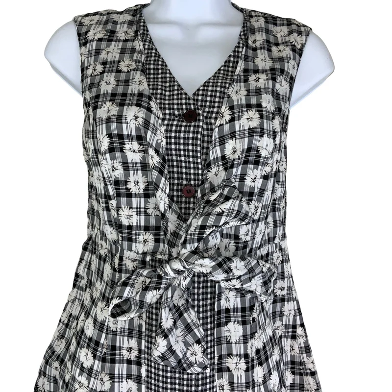 Vintage 90s Black White Floral Check Gingham Sleeveless Maxi Dress 8 10