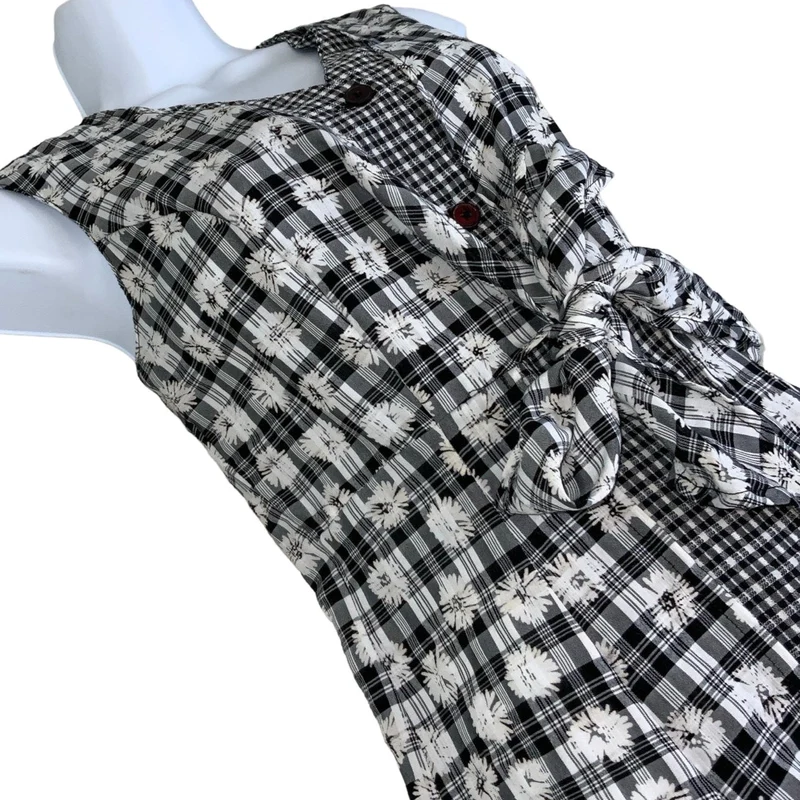 Vintage 90s Black White Floral Check Gingham Sleeveless Maxi Dress 8 10