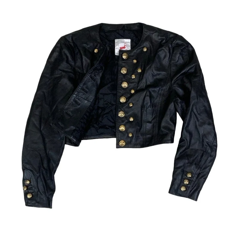 Vintage 80s 90s ‘Mondi’ Black Gold Beaded Crop Leather Jacket 10 12