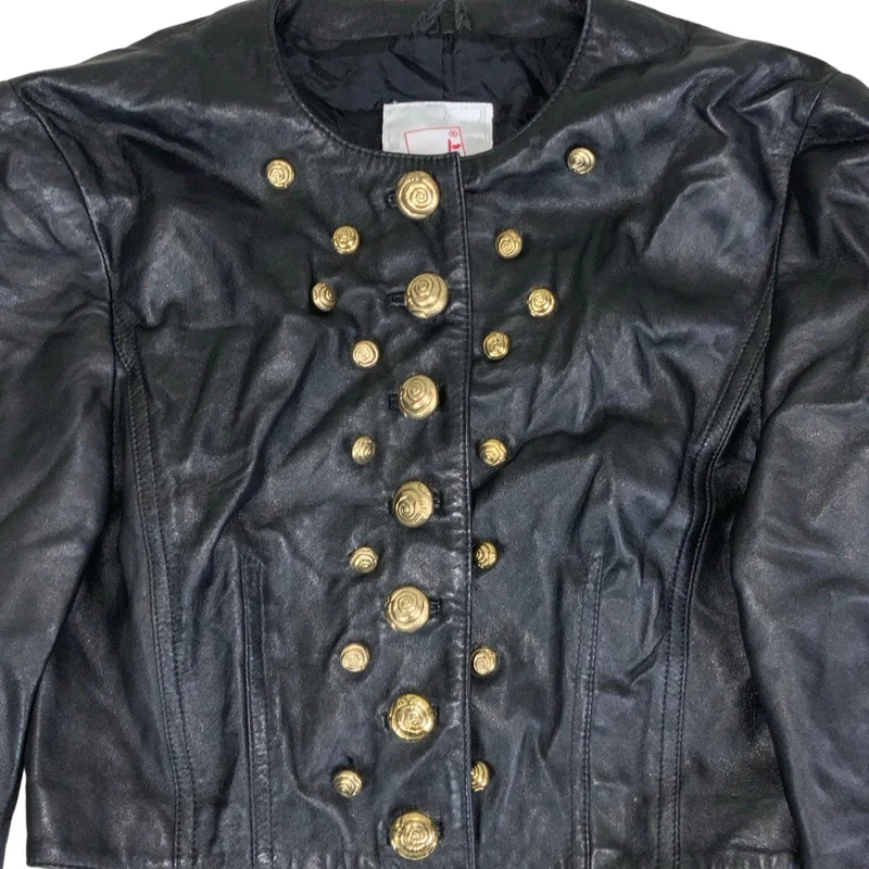 Vintage 80s 90s ‘Mondi’ Black Gold Beaded Crop Leather Jacket 10 12