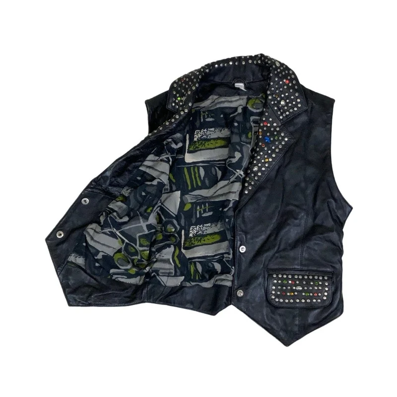 Vintage 80s 90s Black Punk Studded Leather Waistcoat 14 16