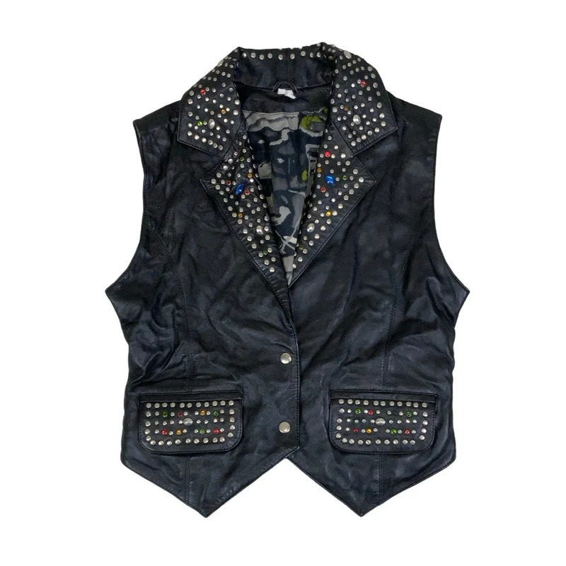 Vintage 80s 90s Black Punk Studded Leather Waistcoat 14 16