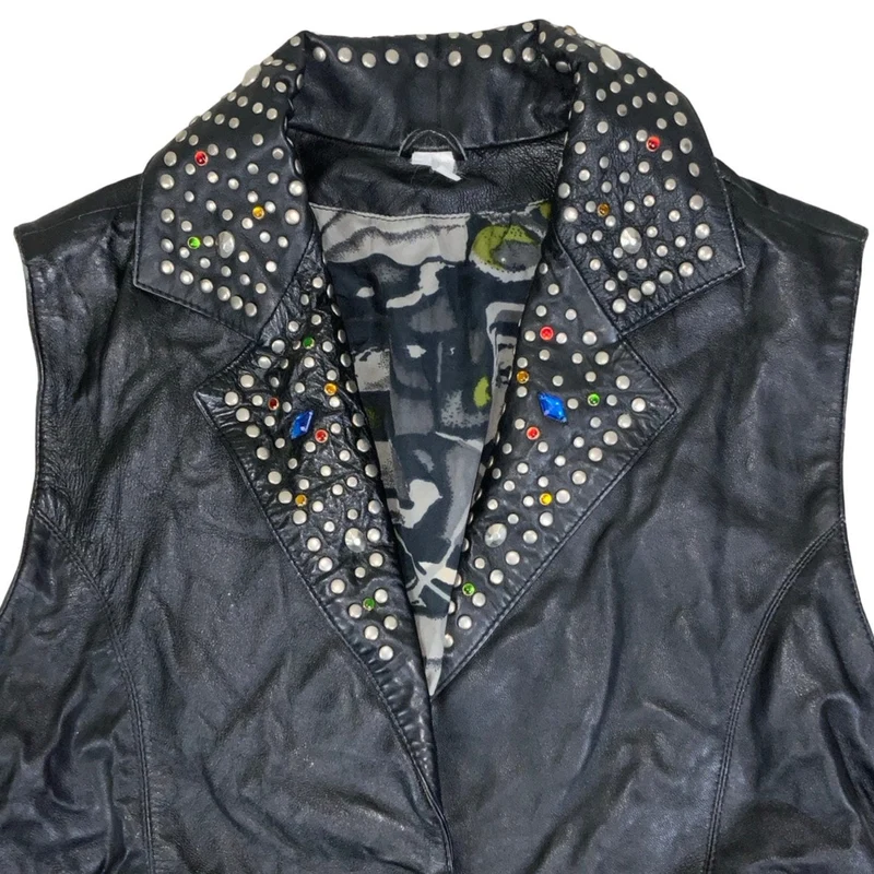 Vintage 80s 90s Black Punk Studded Leather Waistcoat 14 16