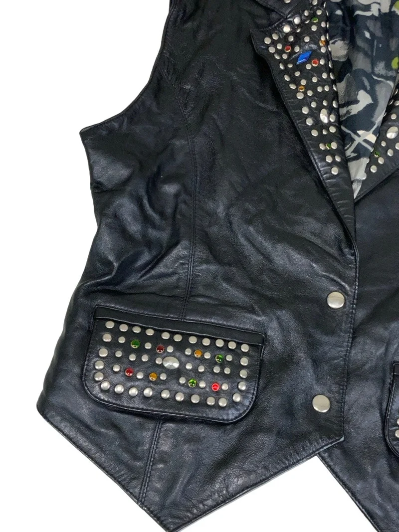 Vintage 80s 90s Black Punk Studded Leather Waistcoat 14 16