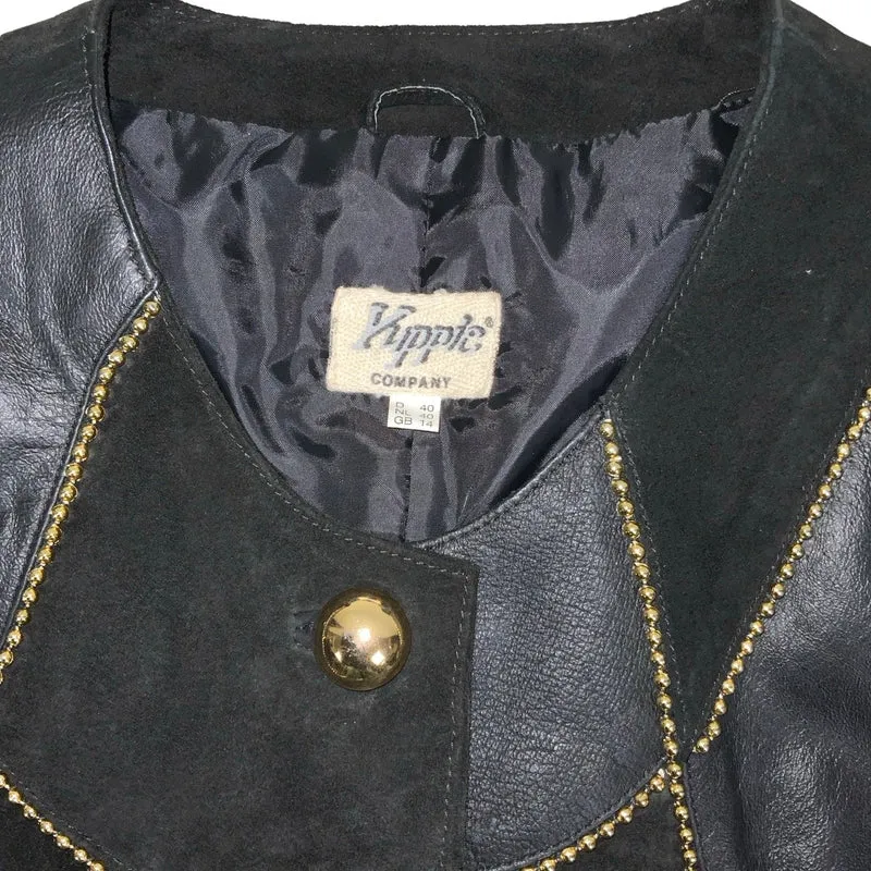 Vintage 80s ‘Kippie Company’ Black Patchwork Beaded Statement Crop Suede Leather Jacket 14 16