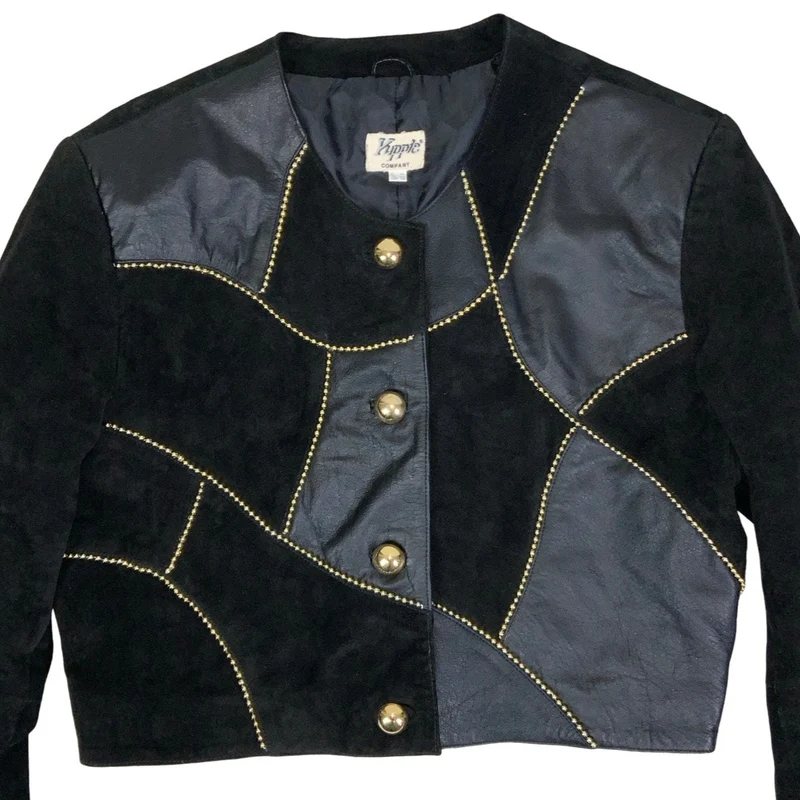 Vintage 80s ‘Kippie Company’ Black Patchwork Beaded Statement Crop Suede Leather Jacket 14 16