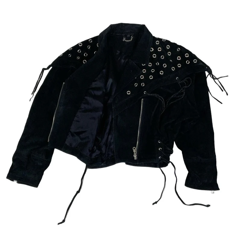 Vintage 90s ‘Yessica’ Black Suede Punk Tassel Studded Leather Jacket 12 14