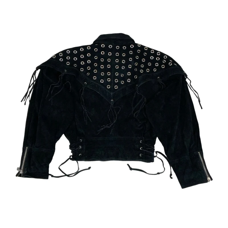 Vintage 90s ‘Yessica’ Black Suede Punk Tassel Studded Leather Jacket 12 14