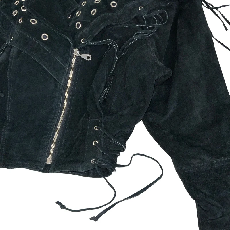 Vintage 90s ‘Yessica’ Black Suede Punk Tassel Studded Leather Jacket 12 14
