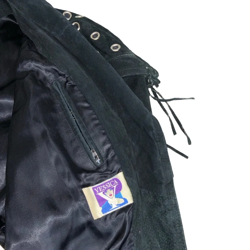 Vintage 90s ‘Yessica’ Black Suede Punk Tassel Studded Leather Jacket 12 14