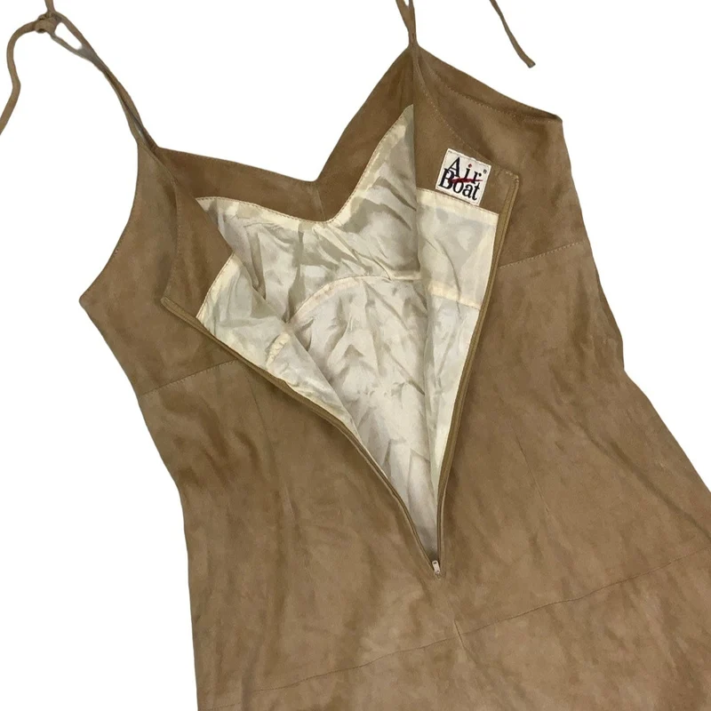 Vintage 90s Y2k ‘Air Boat’ Beige Suede Strappy Mini Dress 10 12