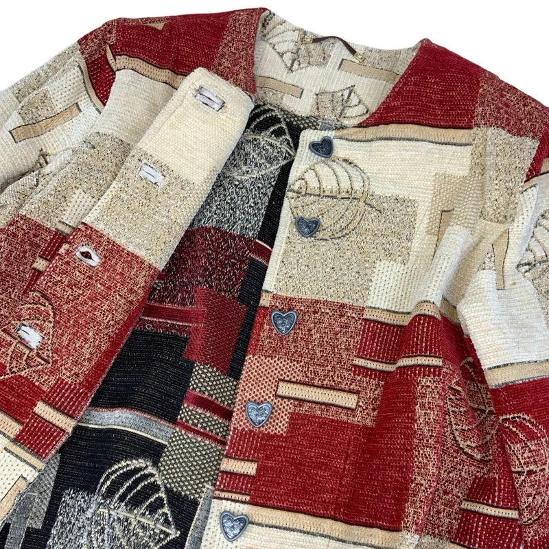 Vintage 80s 90s Red Cream Tapestry Folk Wool Coat Heart Butttons 14 16 18