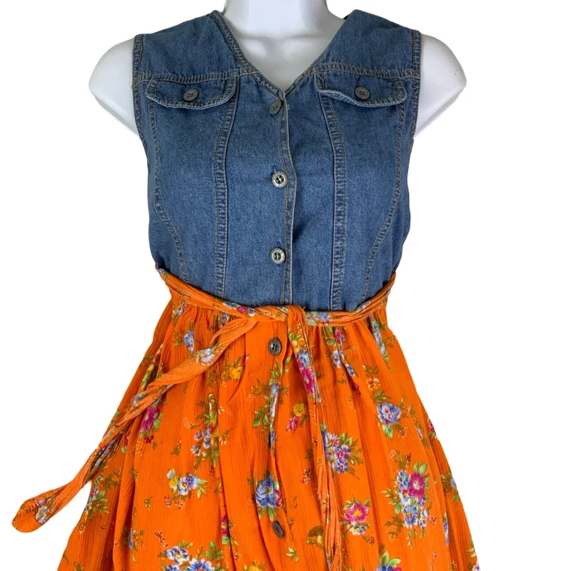 Vintage 90s Y2K Orange Floral Midi Sleeveless Denim Summer Dress 6 8 XS