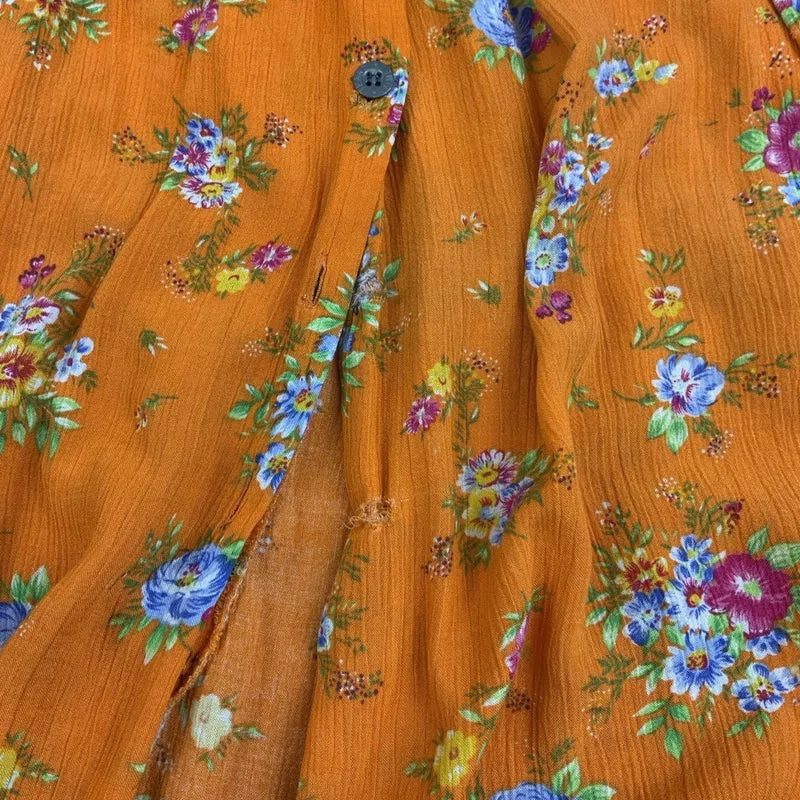 Vintage 90s Y2K Orange Floral Midi Sleeveless Denim Summer Dress 6 8 XS