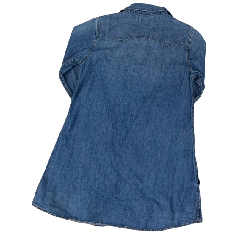 Vintage 90s Y2K Lee Riders Sanforized Union Made Merrier Beams Denim Shirt Dress 10 12 S