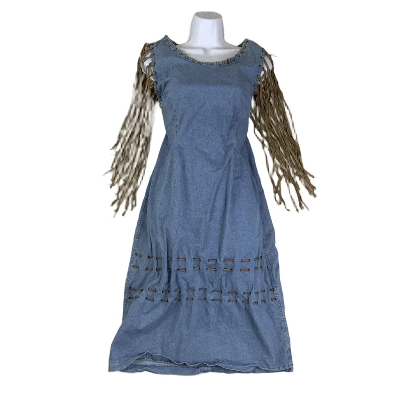 Vintage 90s 00s Y2k Suede Leather Tassel Sleeveless Midi Festival Boho Summer Dress 10 12 S