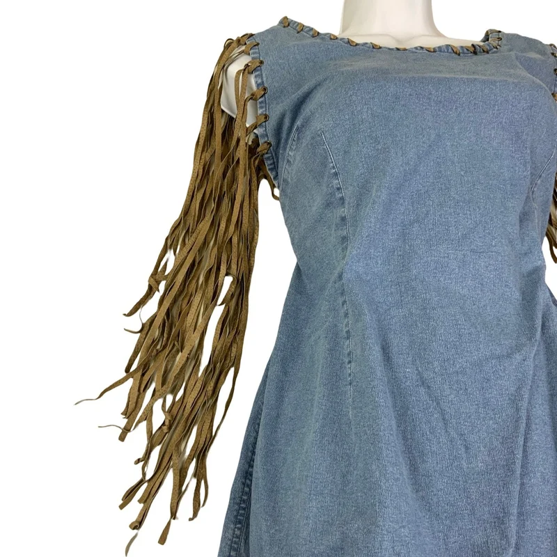 Vintage 90s 00s Y2k Suede Leather Tassel Sleeveless Midi Festival Boho Summer Dress 10 12 S