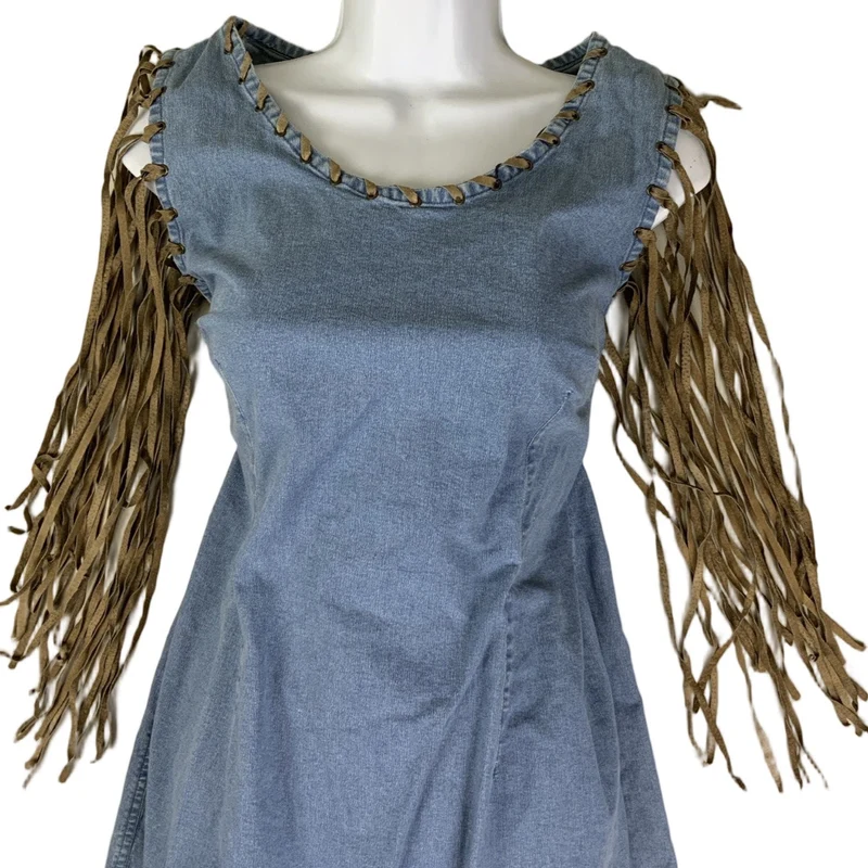 Vintage 90s 00s Y2k Suede Leather Tassel Sleeveless Midi Festival Boho Summer Dress 10 12 S