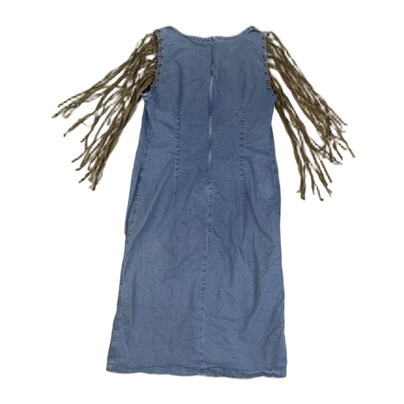 Vintage 90s 00s Y2k Suede Leather Tassel Sleeveless Midi Festival Boho Summer Dress 10 12 S