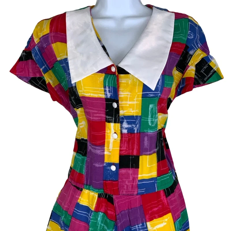 Vintage 80s 90s Geometric Print Multicoloured Aline Collared Swing Dress 16 18
