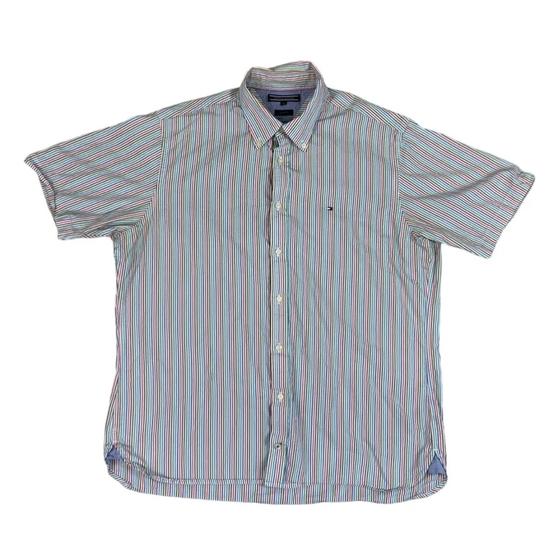 VTG Tommy Hilfiger Multicoloured Striped Short Sleeve Button-Up Casual Shirt XL