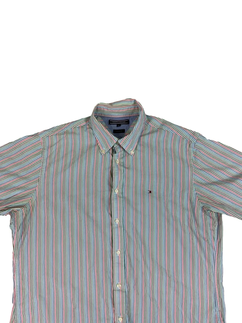 VTG Tommy Hilfiger Multicoloured Striped Short Sleeve Button-Up Casual Shirt XL