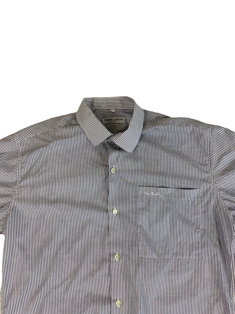 Vintage Pierre Cardin Blue White Pin Striped Short Sleeve Casual Shirt Large
