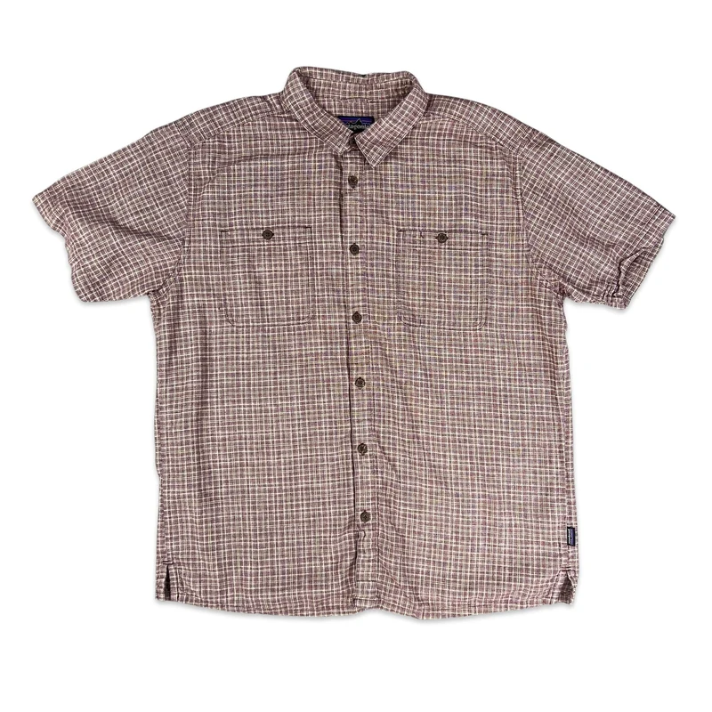 Patagonia Red Cream Check Plaid Casual Short Sleeve Hemp Shirt Extra Large