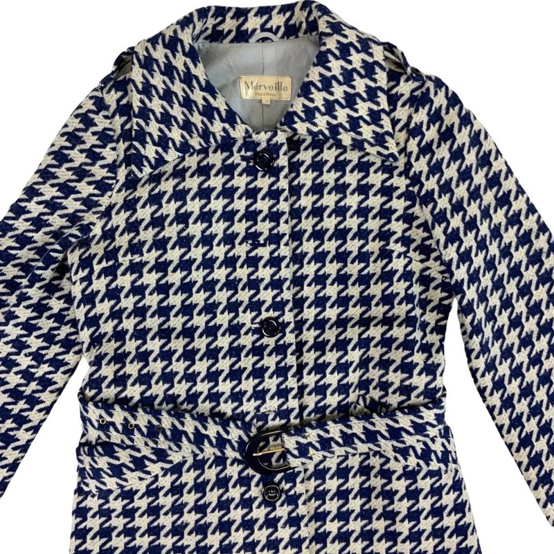Vintage 1970s Merveil Pret-A-Porter Houndstooth Check Blue Wool Coat 12