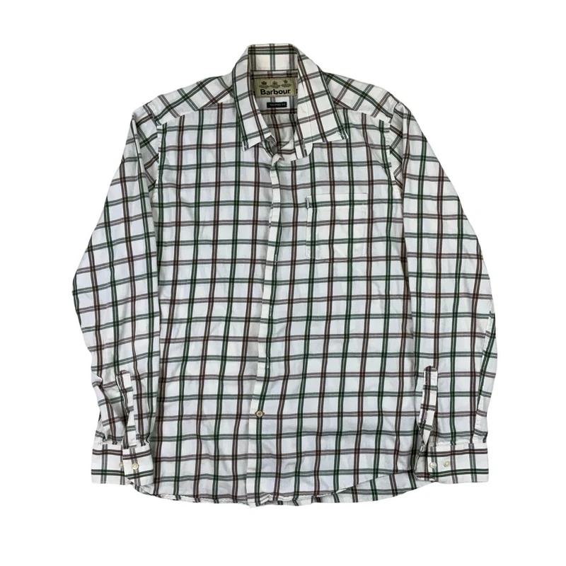 Barbour Keenan Wool Mix White Green Brown Checked Long Sleeve Casual Shirt Large