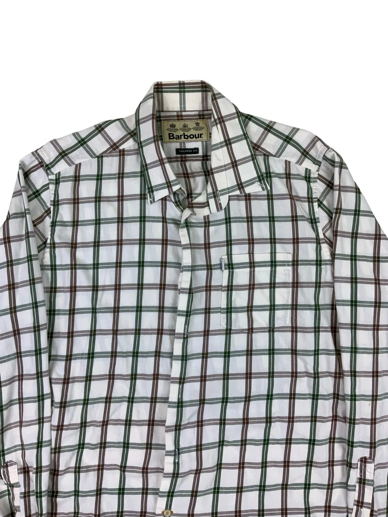 Barbour Keenan Wool Mix White Green Brown Checked Long Sleeve Casual Shirt Large