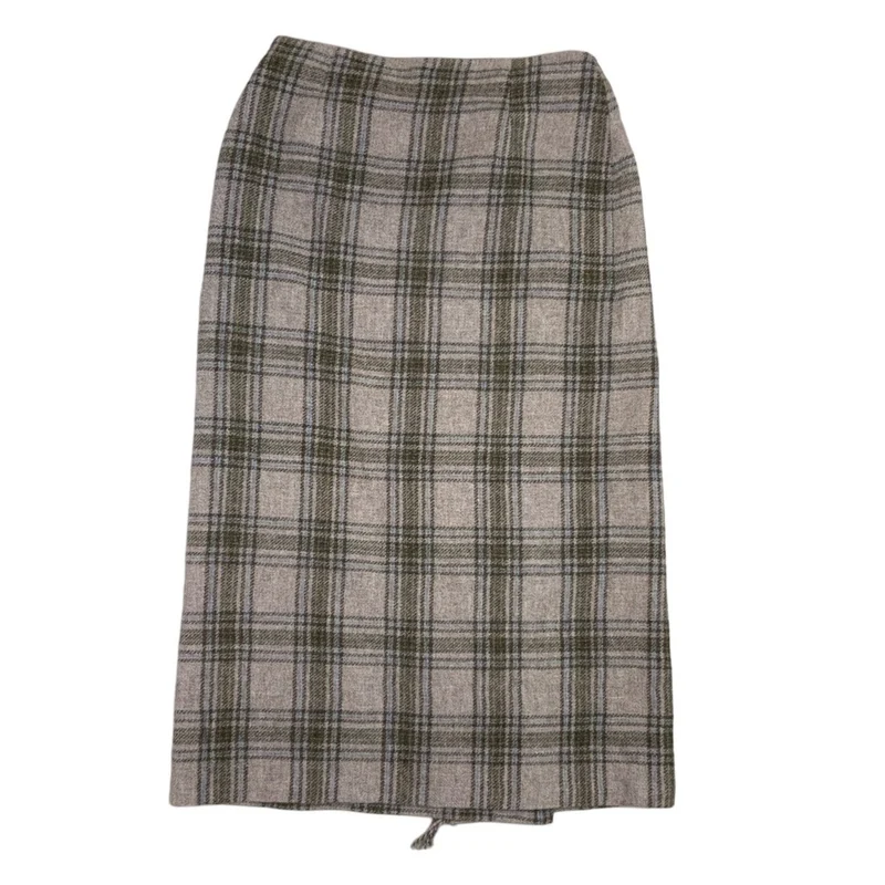 Y2K Laura Ashley Beige Tartan Wool Kilt Maxi Skirt M 16