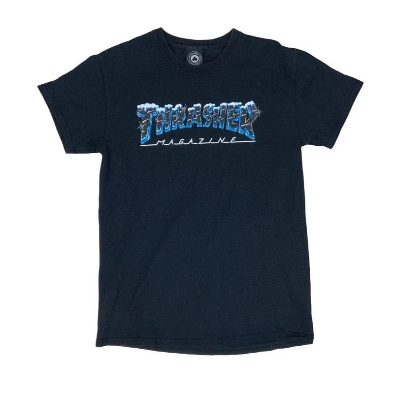 90s Winter Theme Thrasher Magazine Navy Blue Graphic Tee XS S 10