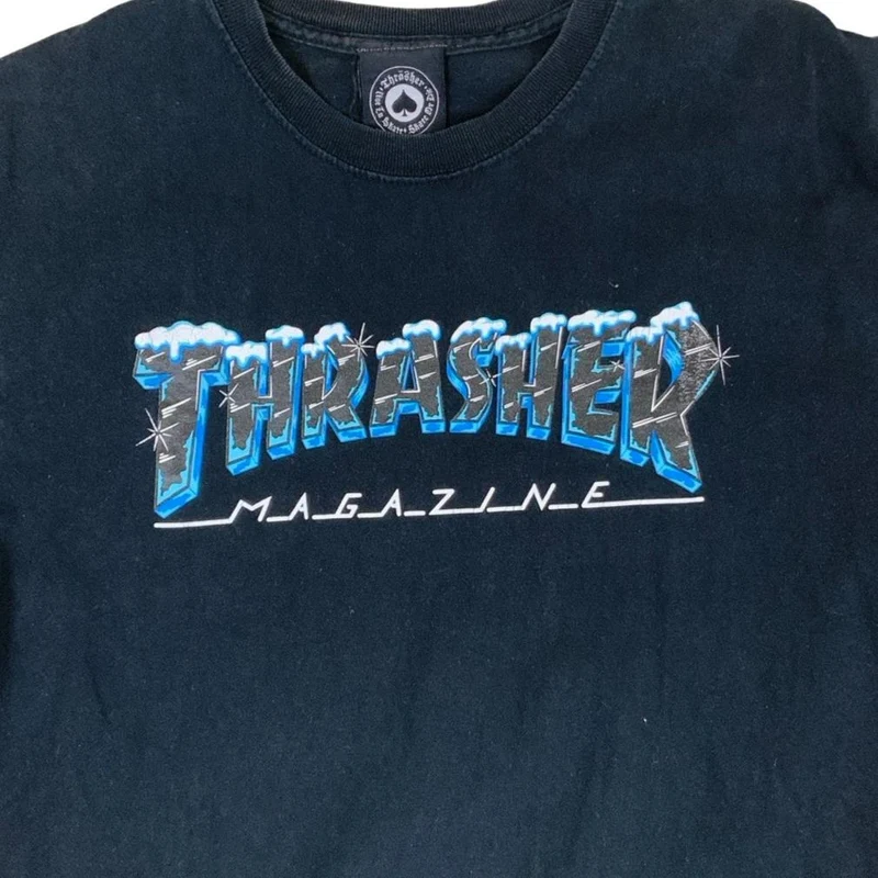 90s Winter Theme Thrasher Magazine Navy Blue Graphic Tee XS S 10