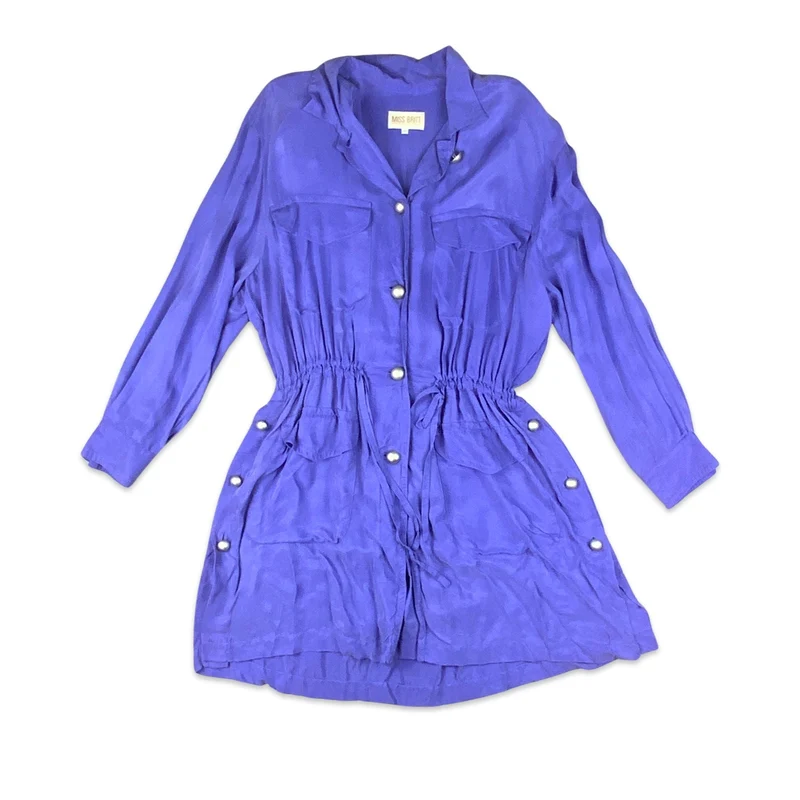 Vintage 80s 90s Bright Purple Shirt Dress Silver Buttons 10 12