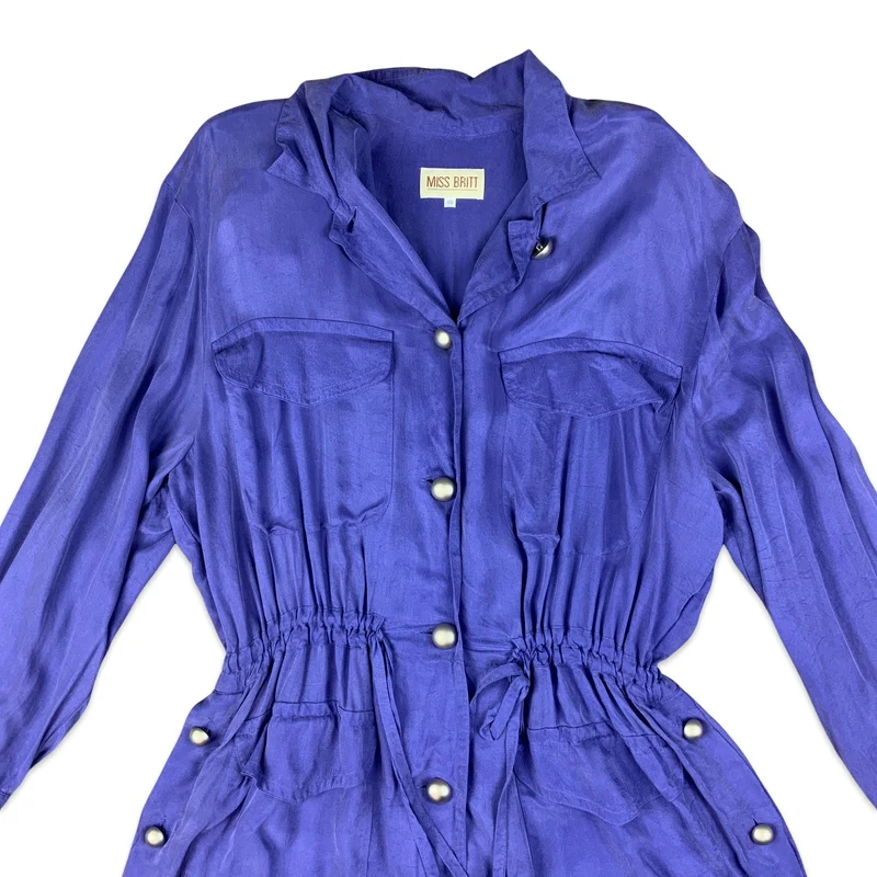Vintage 80s 90s Bright Purple Shirt Dress Silver Buttons 10 12