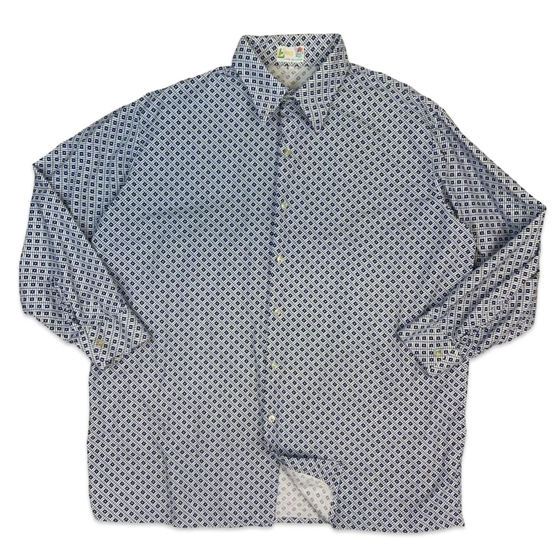 70s White & Blue Geometric Print Long Sleeve Cotton Shirt M