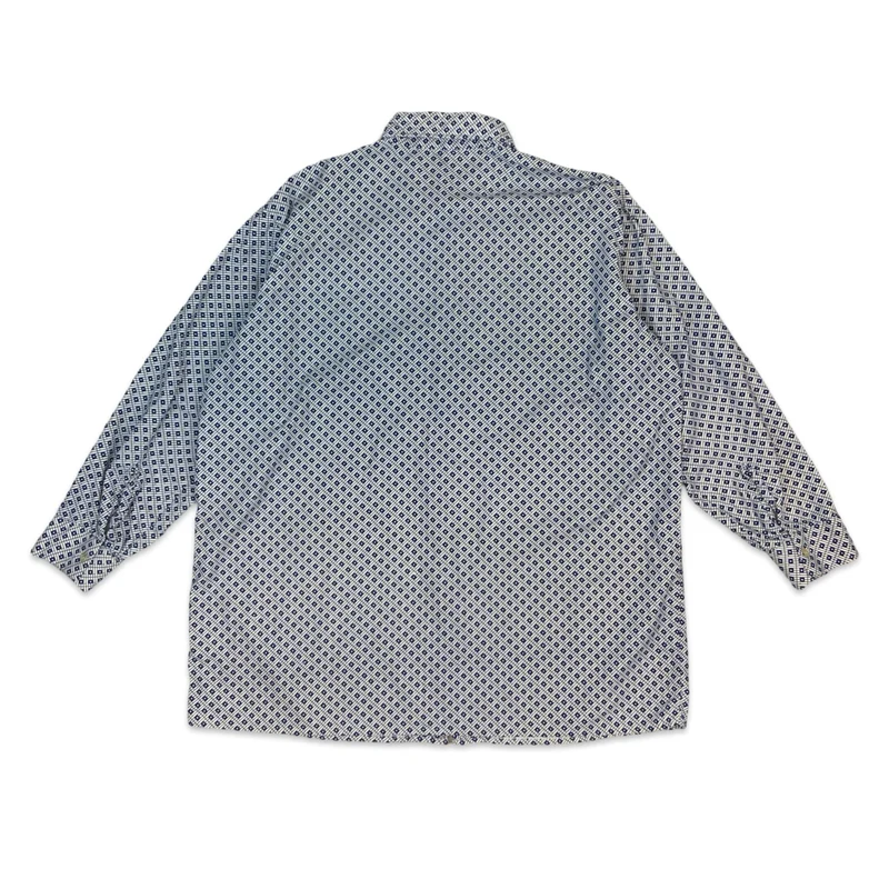 70s White & Blue Geometric Print Long Sleeve Cotton Shirt M