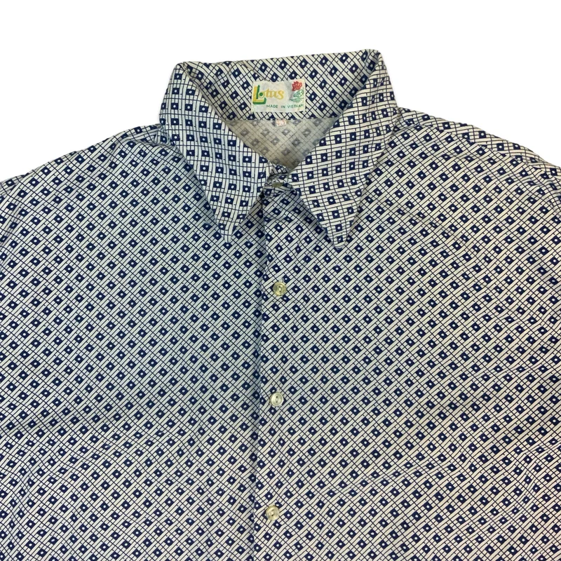 70s White & Blue Geometric Print Long Sleeve Cotton Shirt M