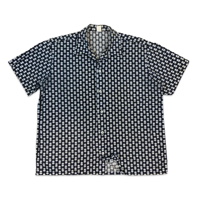 70s Black Blue & White Geometric Print Short Sleeve Cotton Shirt L