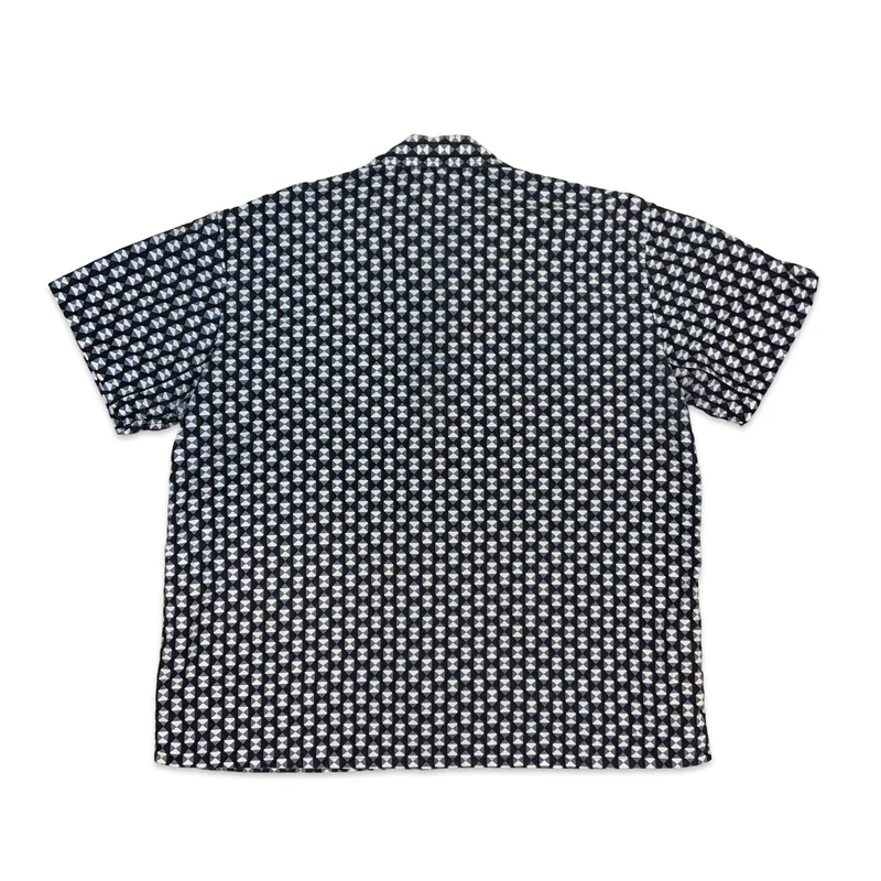 70s Black Blue & White Geometric Print Short Sleeve Cotton Shirt L