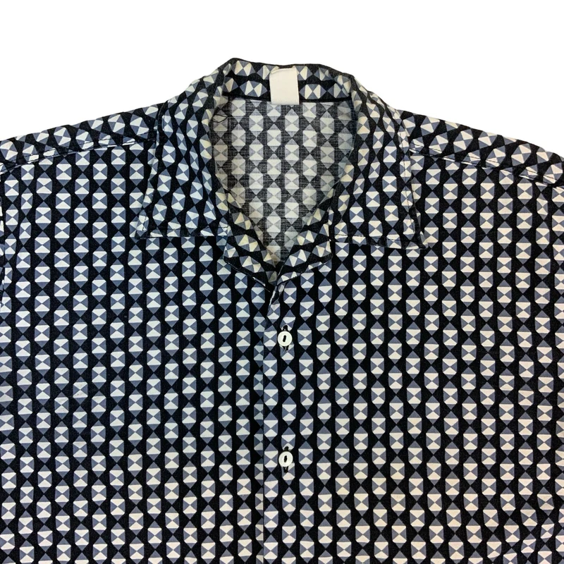 70s Black Blue & White Geometric Print Short Sleeve Cotton Shirt L