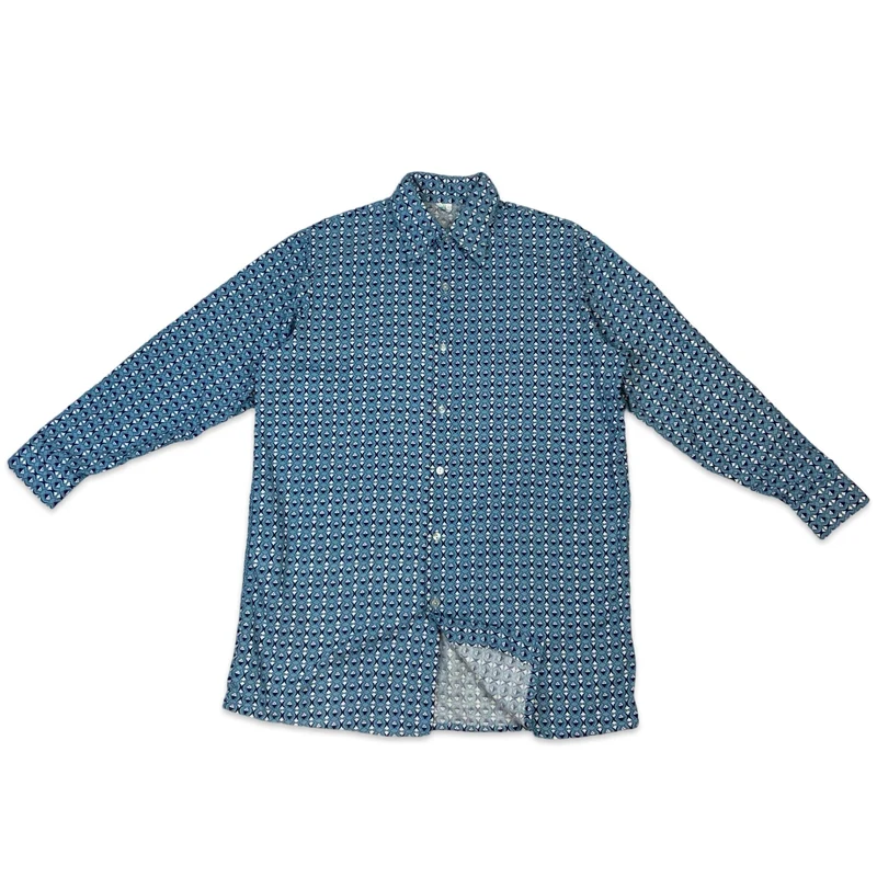 Vintage 70s Blue & White Abstract Print Cotton Shirt M
