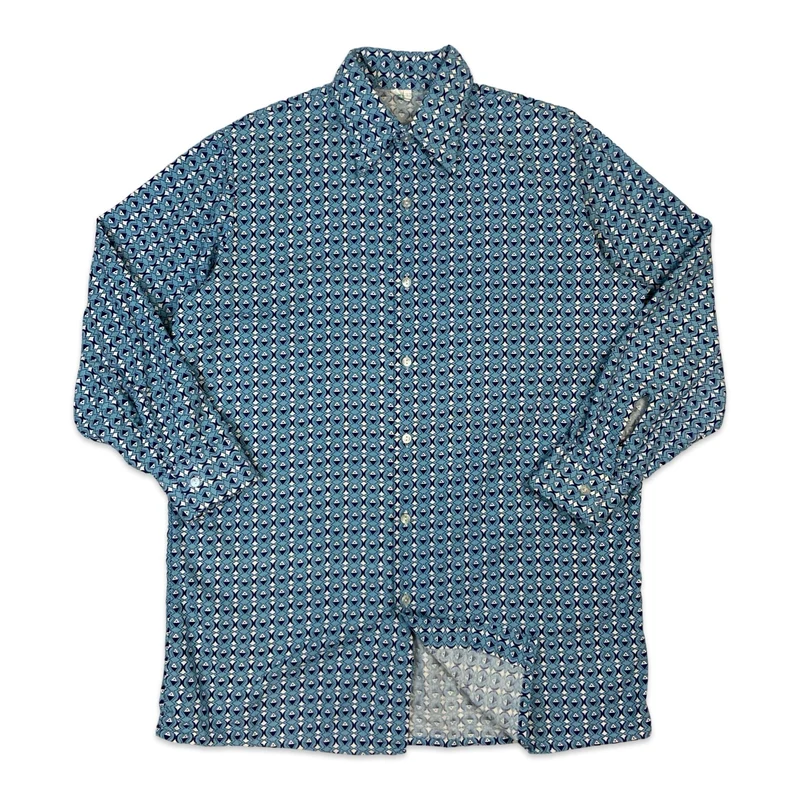 Vintage 70s Blue & White Abstract Print Cotton Shirt M