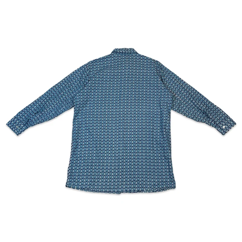 Vintage 70s Blue & White Abstract Print Cotton Shirt M