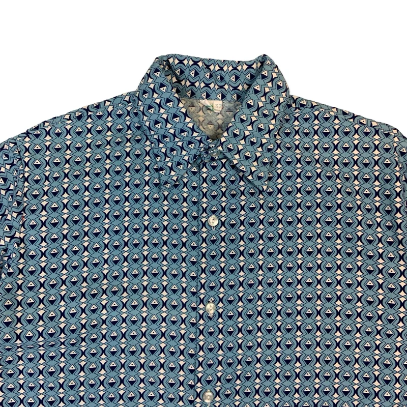Vintage 70s Blue & White Abstract Print Cotton Shirt M