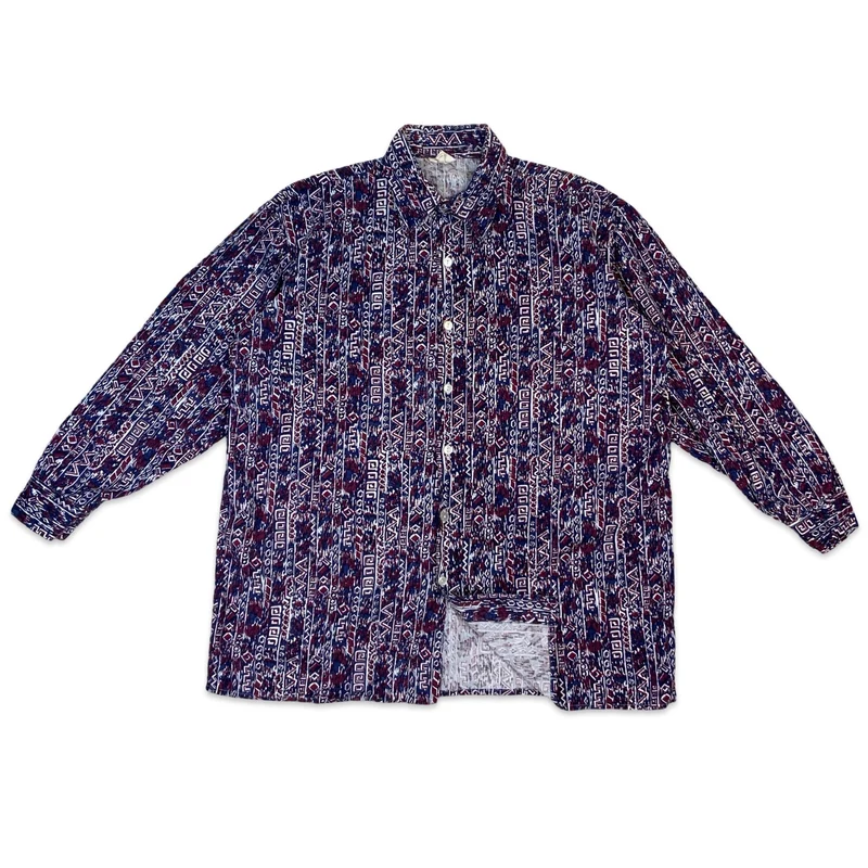 70s White Red & Blue Abstract Crazy Pattern Shirt XL